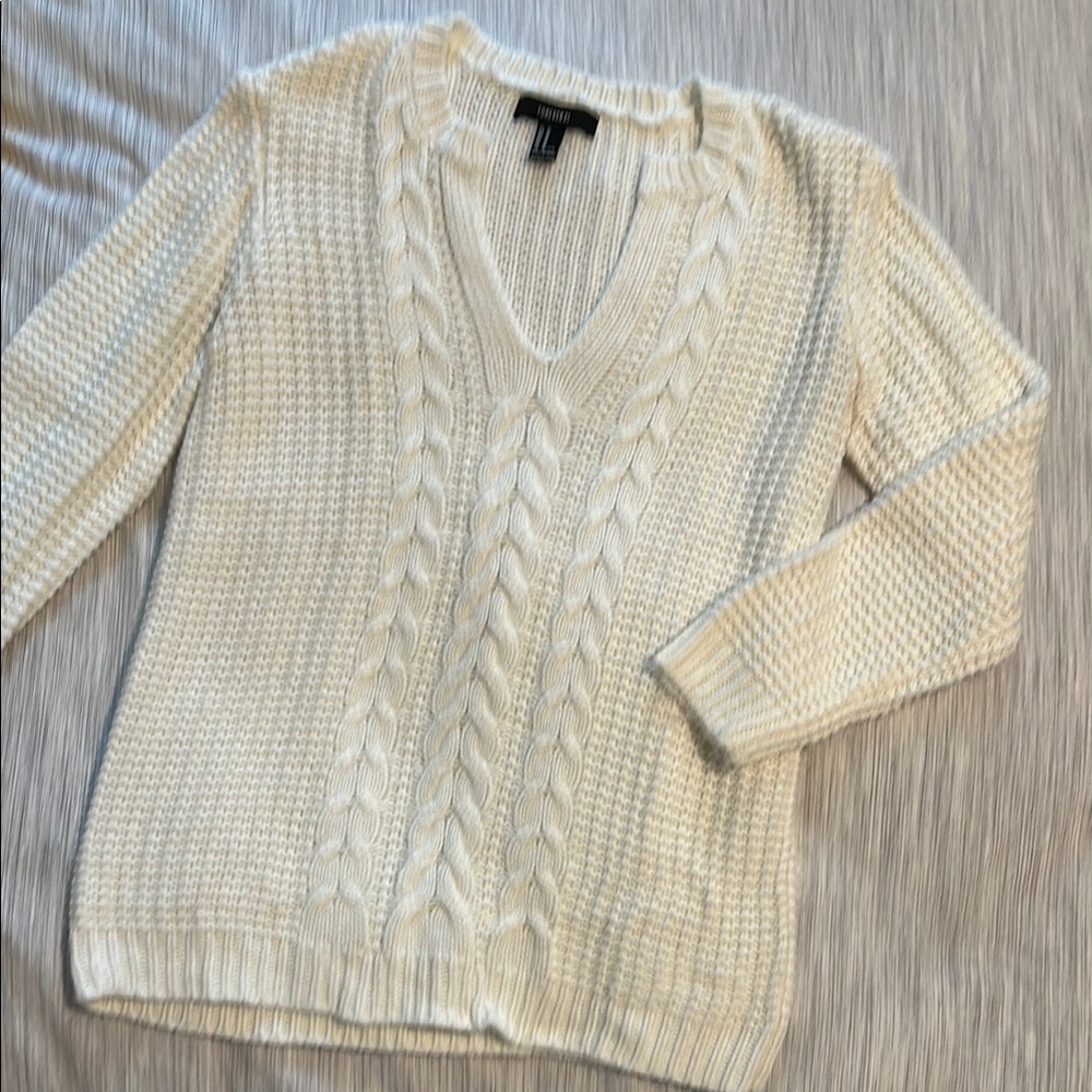 Forever 21 Cream V-Neck Cable Knit Sweater